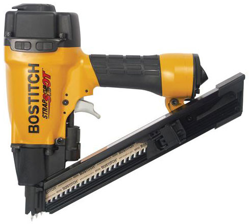 A BOSTITCH StrapShot nail gun with a yellow and black design, featuring a straight magazine for fastening.