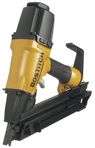 A BOSTITCH pneumatic nail gun featuring a yellow and black design, designed for fastening materials together.