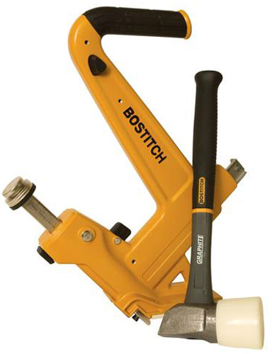 A BOSTITCH flooring nailer and a rubber mallet, both designed for installing hardwood floors.