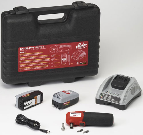 A tool kit featuring a black carrying case labeled 'Mighty Right MR1', a cordless tool, a battery charger, two battery packs, a power cord, and several interchangeable bits.