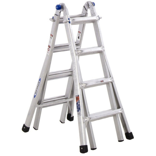 An aluminum step ladder with five steps and a foldable design.