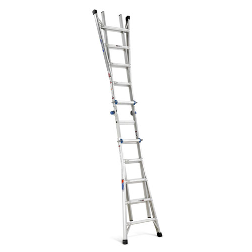 An adjustable aluminum ladder positioned at an angle.