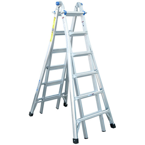 A sturdy aluminum extension ladder positioned upright, featuring several rungs, blue and yellow safety markings, and rubber feet for stability.