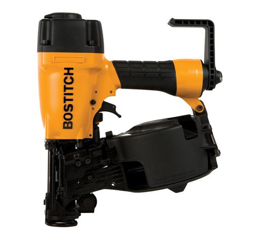 A BOSTITCH brand pneumatic nail gun, featuring a yellow and black design, designed for heavy-duty nailing tasks.