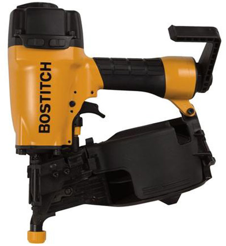 A Bostitch pneumatic nail gun with a yellow and black design, designed for efficient construction and woodworking tasks.