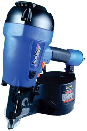 A blue and black air nailer with a curved body and a magazine at the base for holding nails.