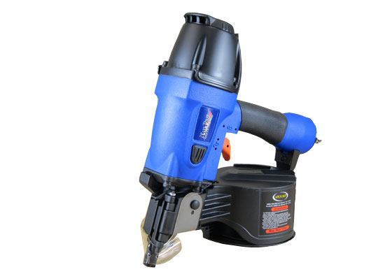 A blue pneumatic nail gun with a black air tank, designed for construction and woodworking projects.