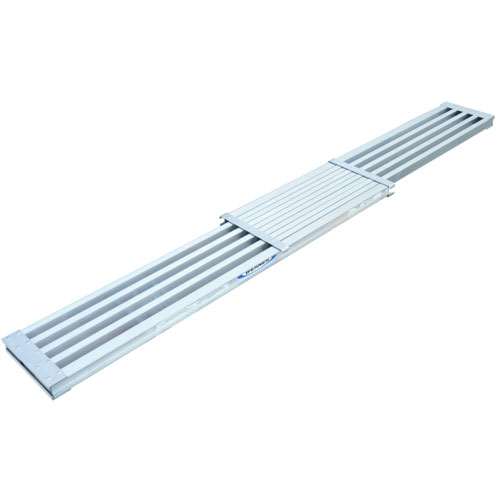 A long, aluminum loading ramp with a slatted design, ideal for loading vehicles onto trailers or similar platforms.