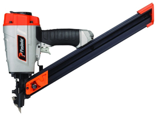 A pneumatic nail gun featuring a silver and orange design, with a long black guide rail, designed for fastening materials in construction.