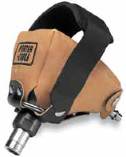 A close-up of a brown fabric and leather tool holder with a black strap, featuring a metallic attachment point.