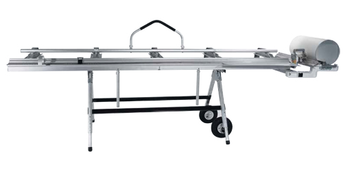 A portable aluminum cutting table with wheels and a handle, designed for precise cutting work.