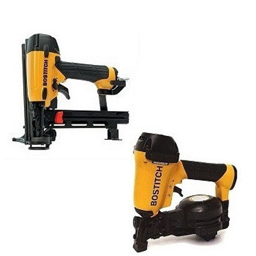 Two BOSTITCH tools displayed: a larger nailer and a smaller stapler, both featuring yellow and black designs.