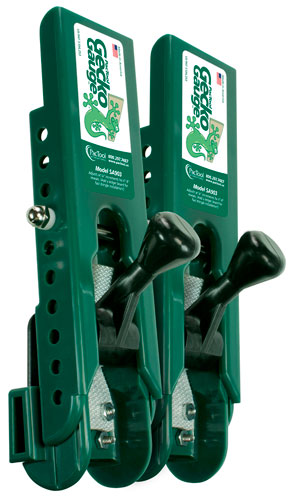 Two green Gecko Gadget model 14650 clips, designed for holding items securely.