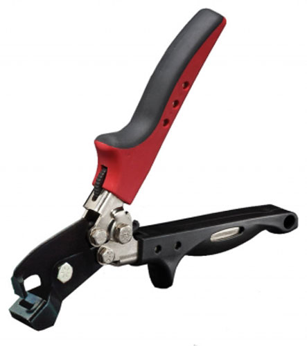 A black and red hand tool designed for crimping, featuring a comfortable grip handle and a metal crimping mechanism.