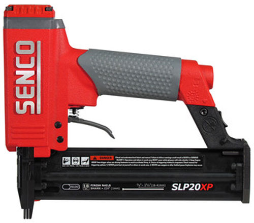 A red and gray Senco SLP20XP finish nailer, designed for precise nailing in woodworking projects.
