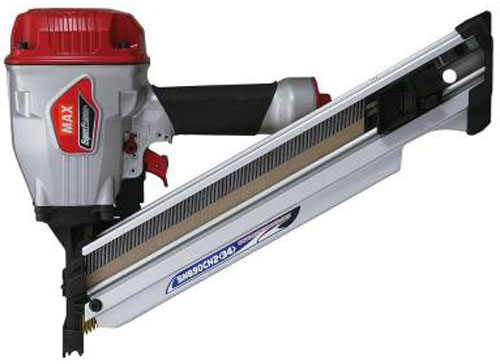 A close-up image of a pneumatic nail gun, featuring a red and silver design with an extended magazine for holding nails.