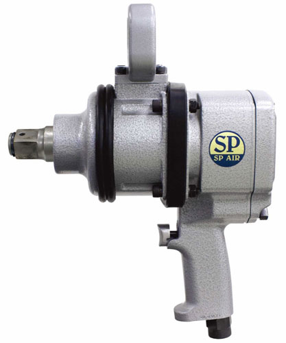A gray air impact wrench with a black rubber grip and logo, designed for heavy-duty use in automotive and industrial applications.