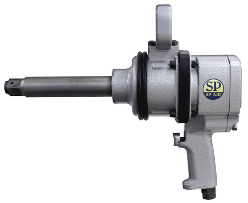 A side view of a pneumatic impact wrench with a silver and black finish, featuring a long cylindrical tool attachment and an ergonomic handle.