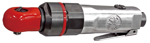 A metal pneumatic tool with a red handle and a hook at the end, designed for lifting or towing heavy objects.