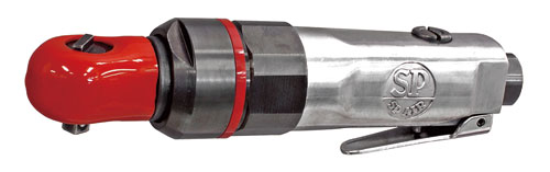 A metallic air impact wrench with a red handle and a hook attachment.