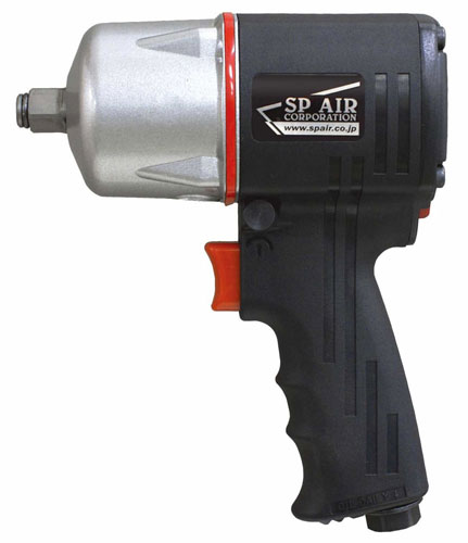 A close-up image of a black and silver air impact wrench with a red trigger and a brand logo.