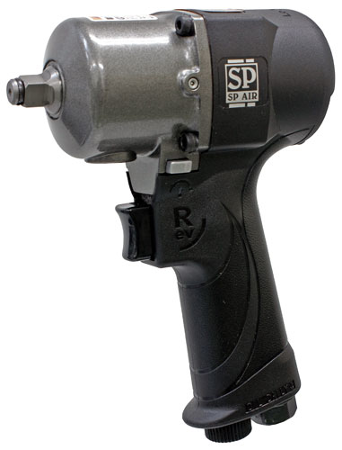 A gray and black pneumatic impact wrench with an ergonomic grip and a rotating air inlet.