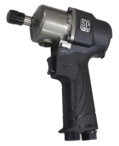 A handheld air impact wrench with a black and silver design, featuring a trigger and a connector for air hoses.