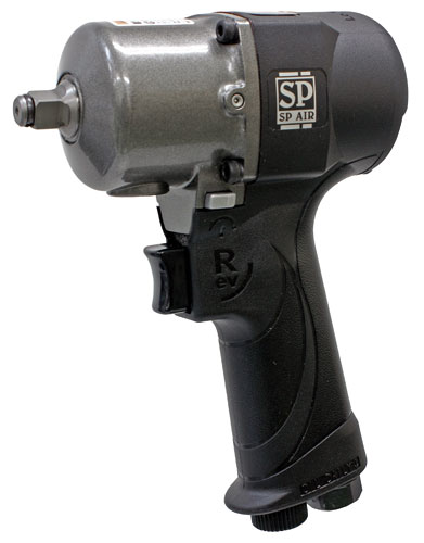 A compact air impact wrench with a black handle and silver body, designed for high torque applications.