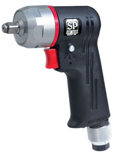 A close-up image of a pneumatic impact wrench, featuring a black handle, silver mechanism, and a red trigger.