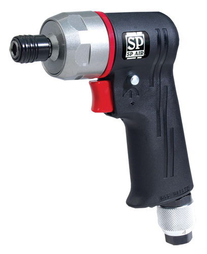 A compact air impact wrench with a black grip and silver metal front, featuring a red trigger and the SP AIR logo.