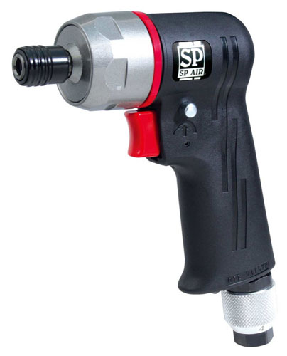 A close-up image of a pneumatic air screwdriver, featuring a black grip with red and silver accents, and a hex chuck at the front.