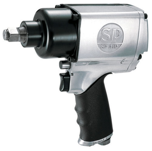 A silver and black air impact wrench with a hex chuck and ergonomic grip.