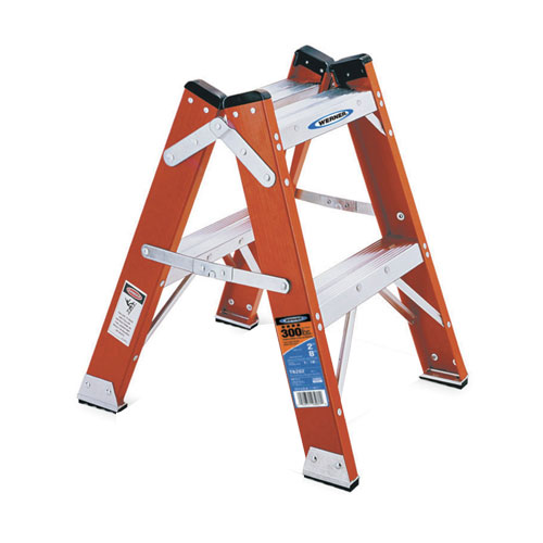 A sturdy orange and silver step ladder with two steps and a wide base for stability.