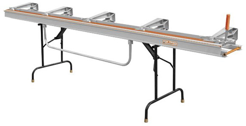 A metal cutting table with adjustable supports and a sliding mechanism for precise measurements.