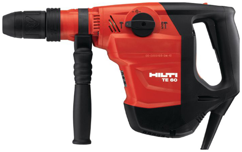 Hilti TE 60 rotary hammer drill featuring a red and black design, a comfortable grip, and various settings for drilling and chiseling.