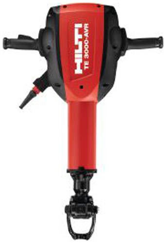 Hilti TE 3000-AVR demolition hammer with red and black design, featuring two handles for operation and a chisel attachment.