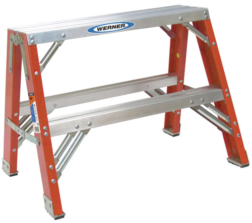 A red and aluminum step ladder with two steps, featuring a Werner brand label.