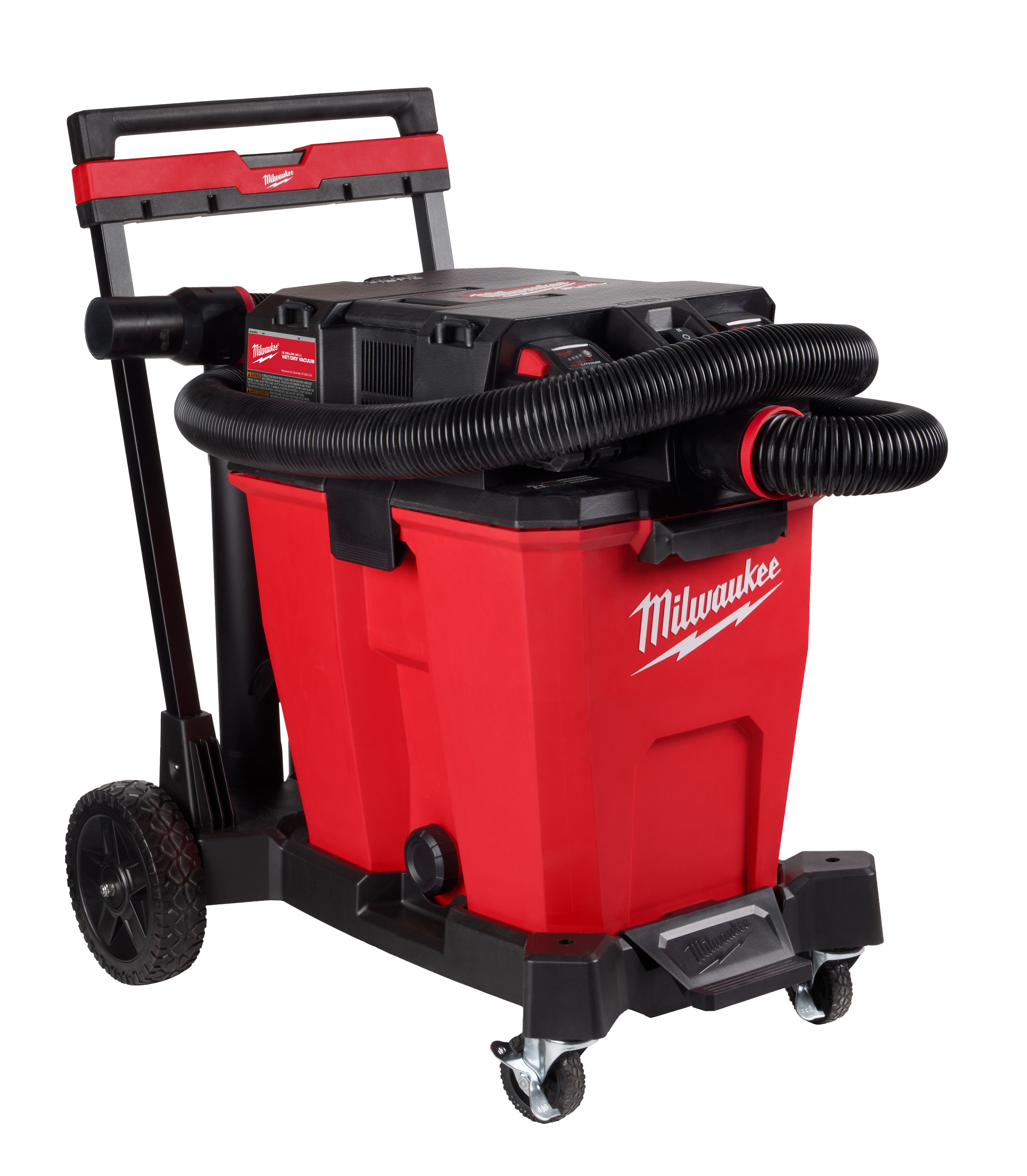 Red and black Milwaukee wet-dry vacuum with wheels and flexible hose
