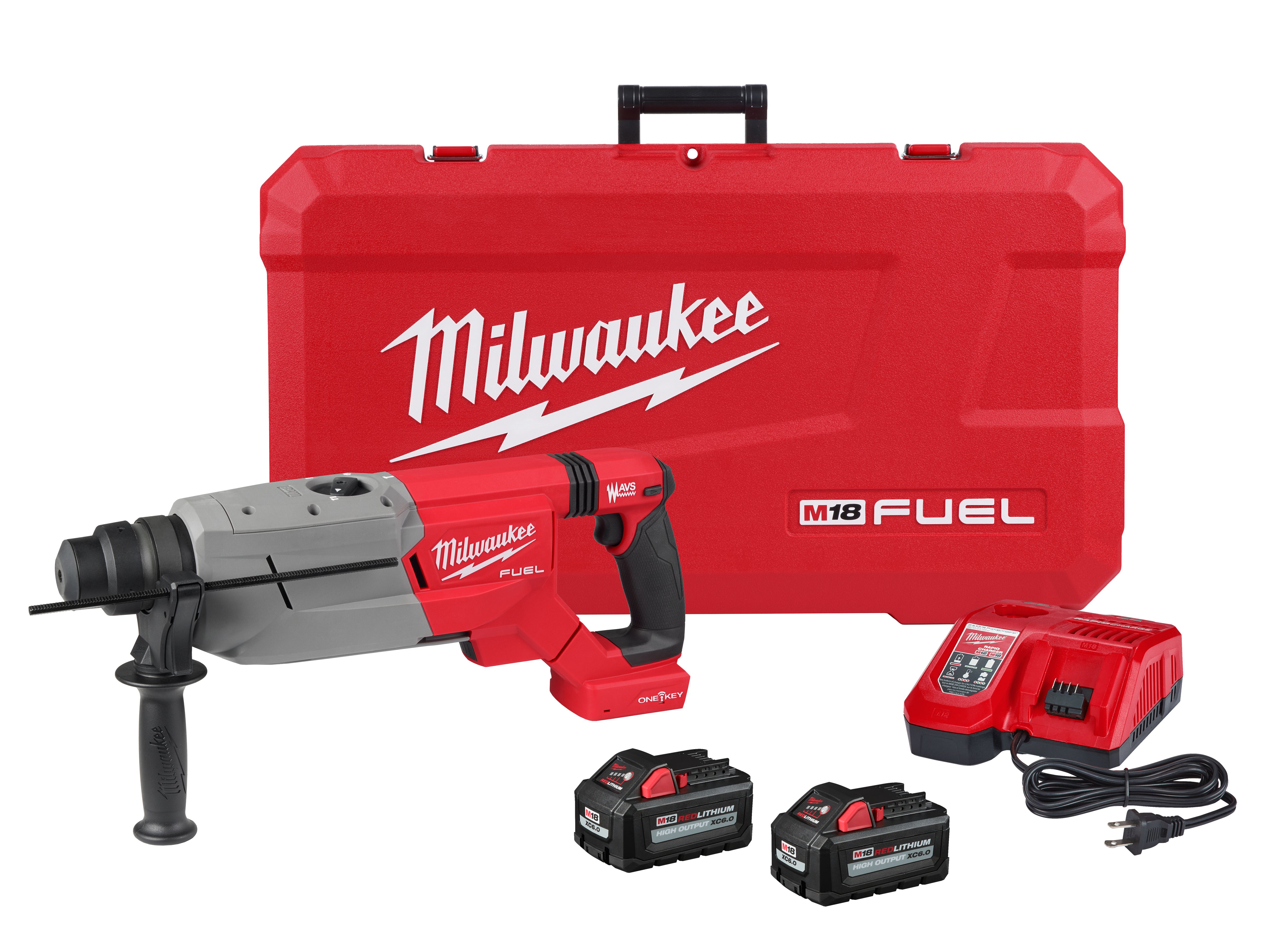 Milwaukee M18 Fuel cordless rotary hammer drill with carrying case, two batteries, and charger