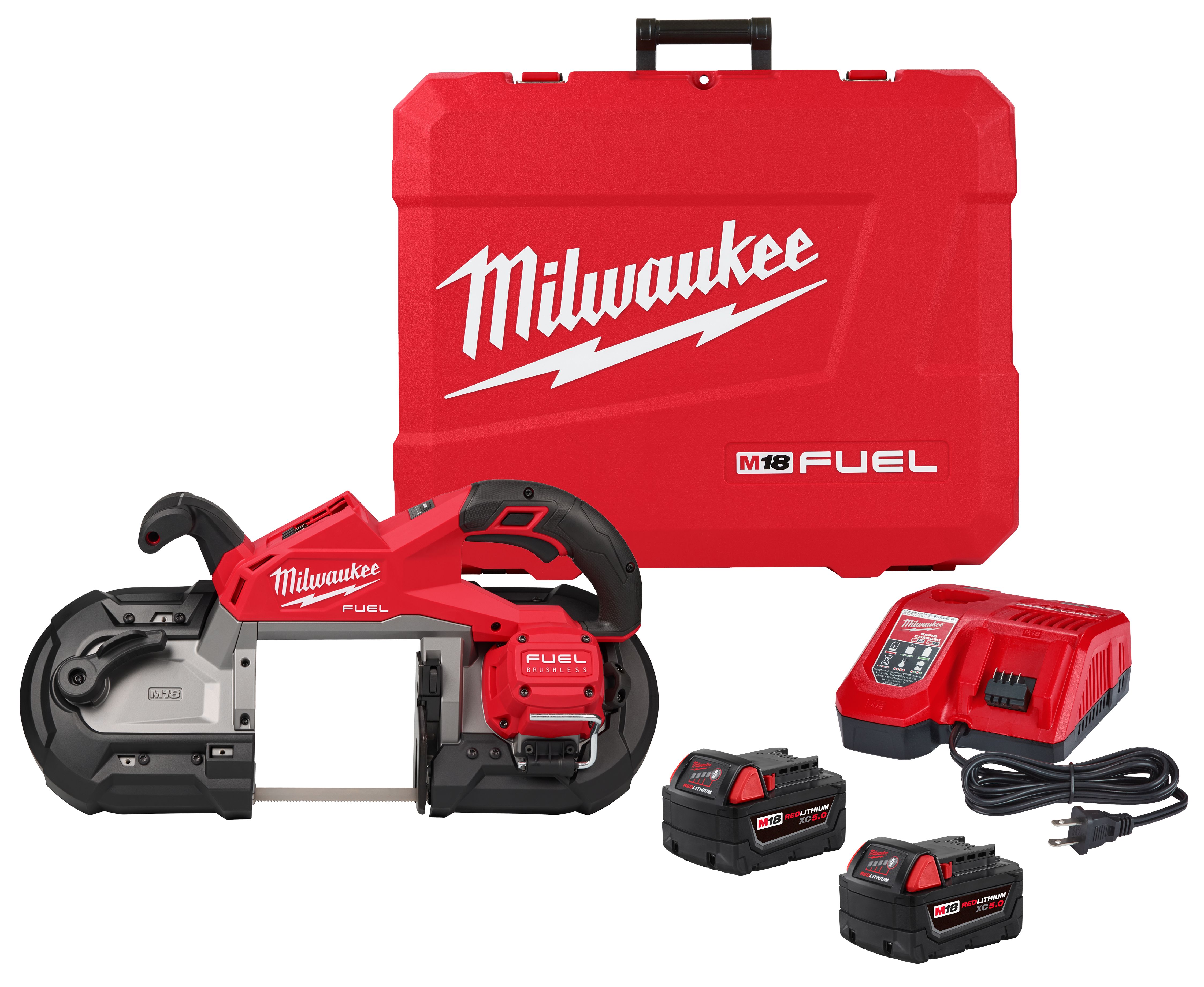 Milwaukee M18 Fuel cordless band saw with red carrying case, charger, and two rechargeable batteries