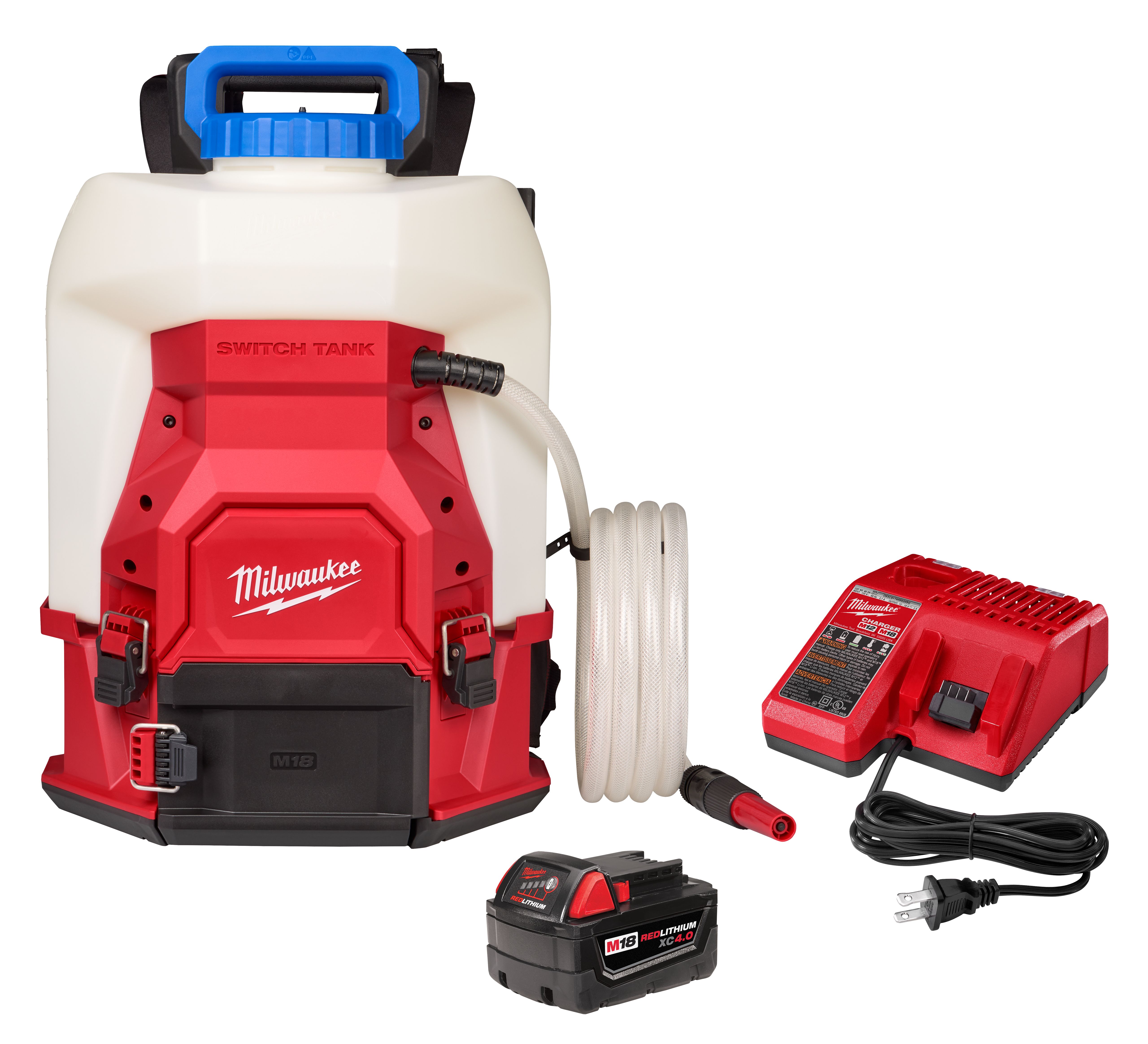 Milwaukee branded backpack sprayer with switch tank, battery, charger, and hose attachment