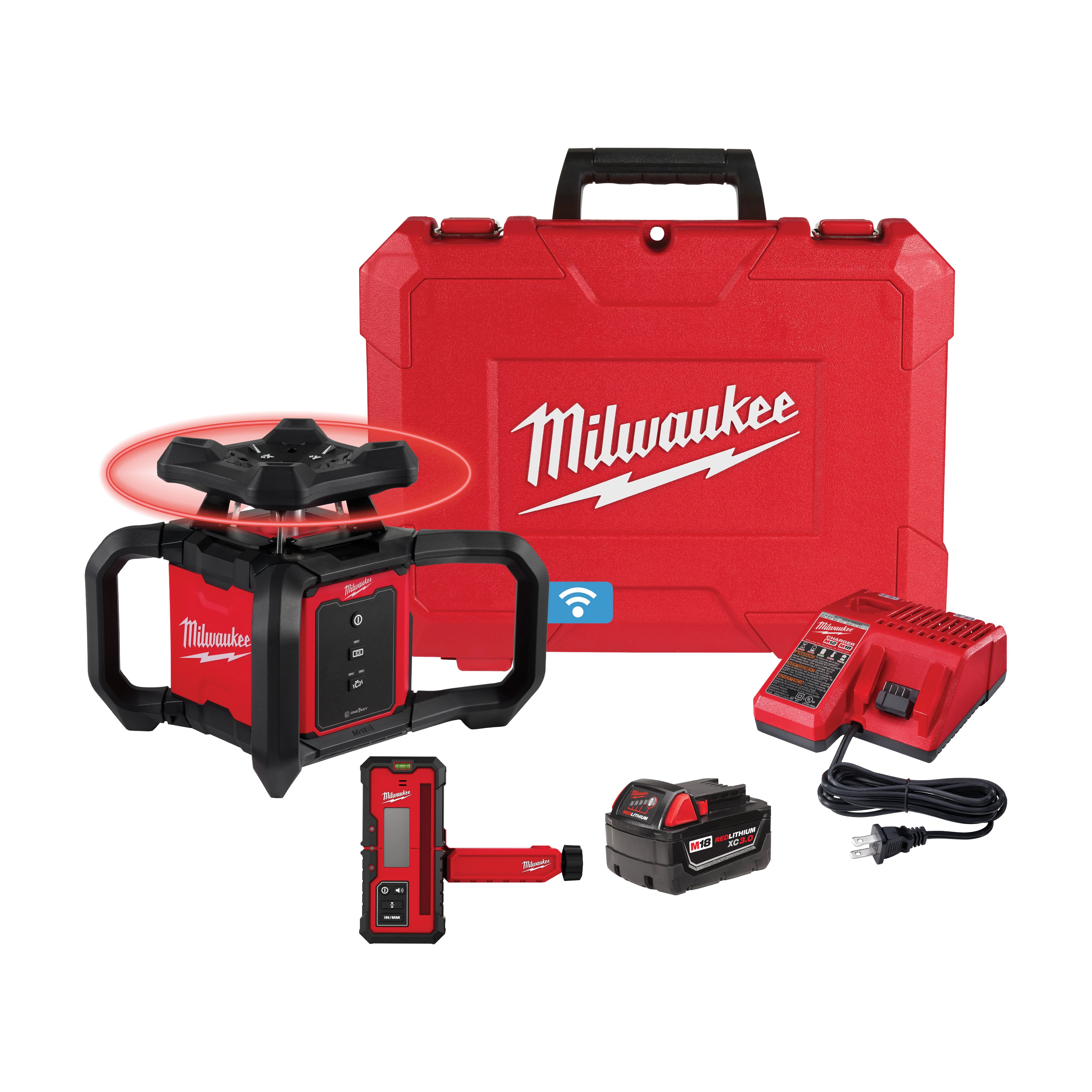 Red Milwaukee branded tool case, laser level device with handles and rotating top, charger, battery pack, and laser distance measurer
