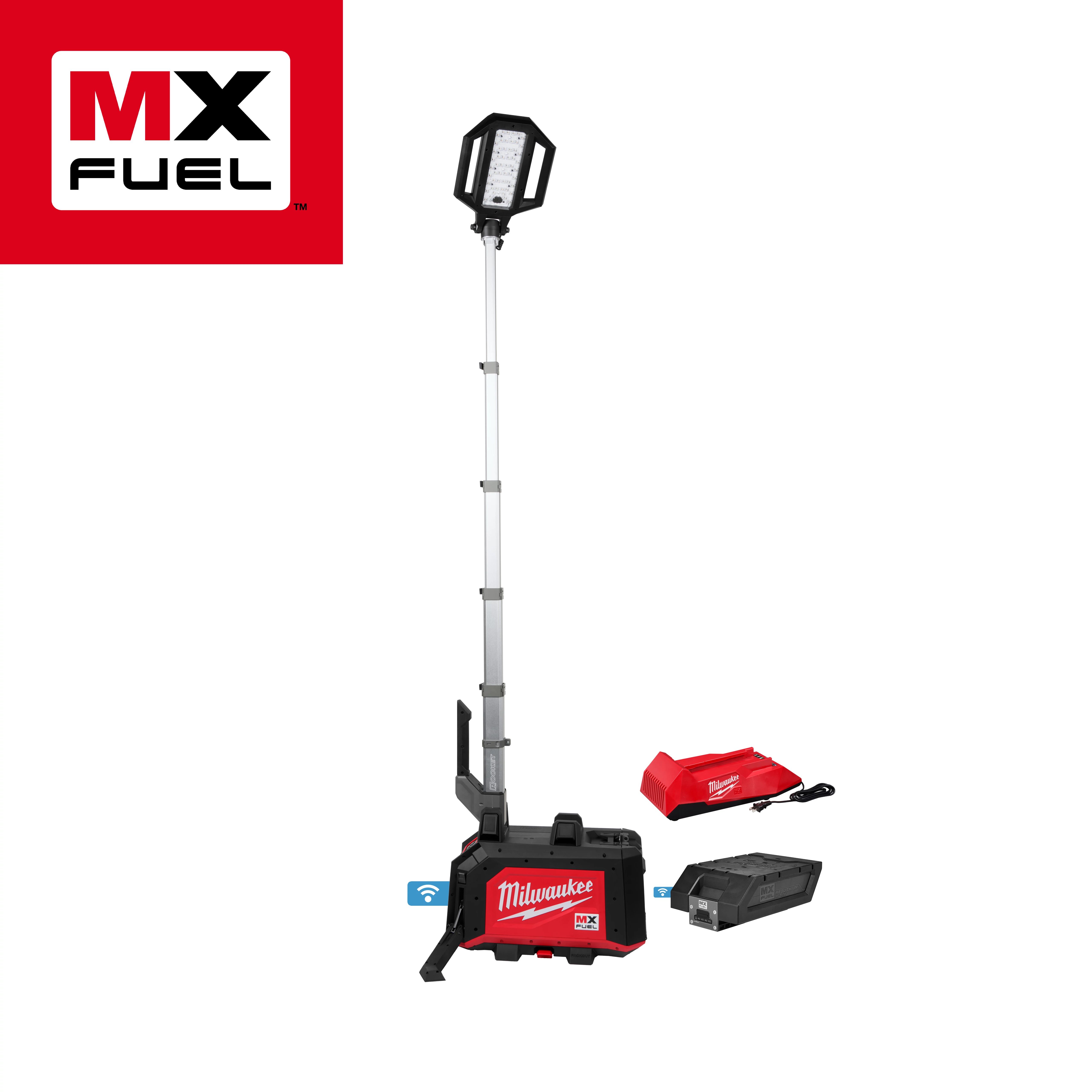 Milwaukee MX FUEL portable light tower with adjustable telescoping pole, battery, battery charger, and MX FUEL battery pack