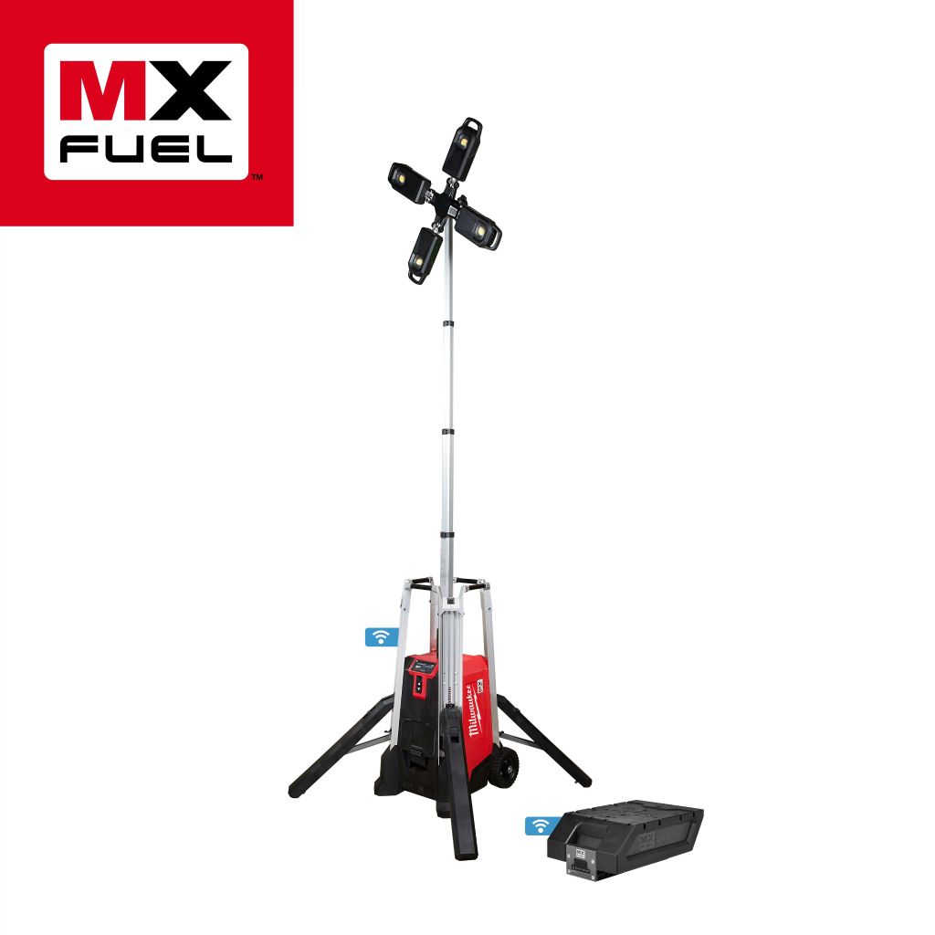 Milwaukee MX Fuel telescoping light tower with four LED lights and MX Diesel Hybrid dual battery pack