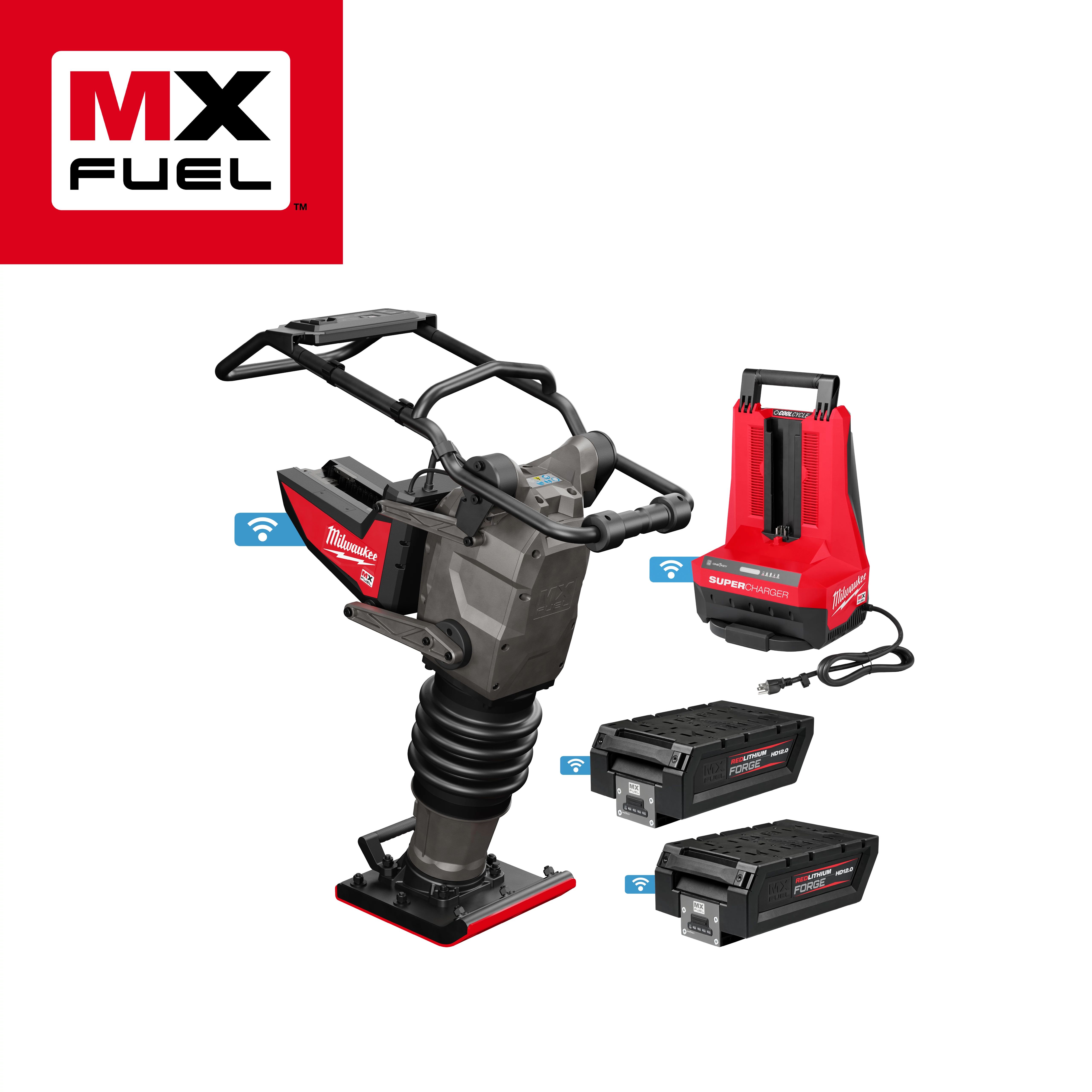 MX Fuel Milwaukee logo and MX Fuel cordless vibratory plate compactor with battery packs and SuperCharger charger