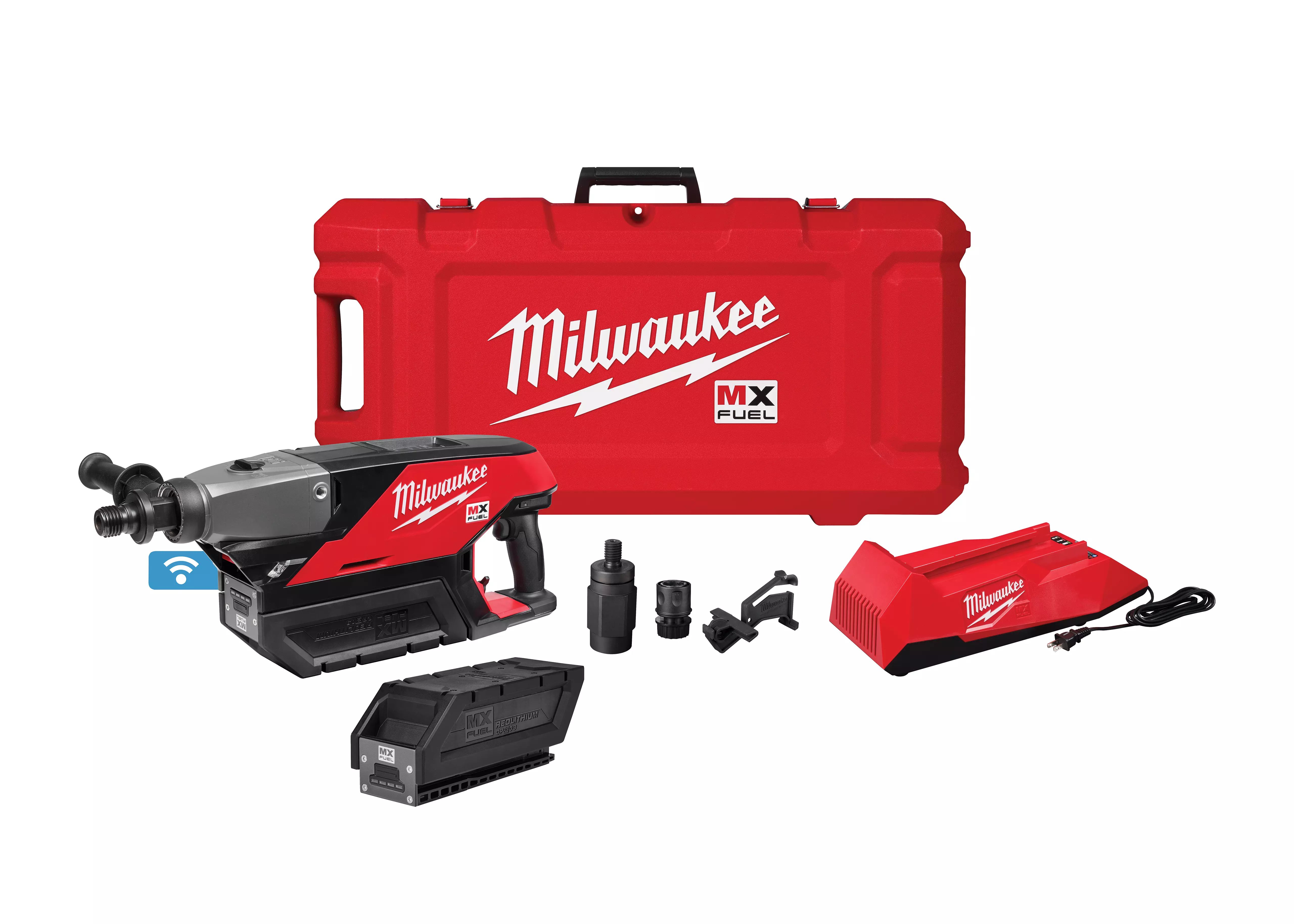 Milwaukee MX Fuel cordless power tool kit with carrying case, battery, charger, and various attachments