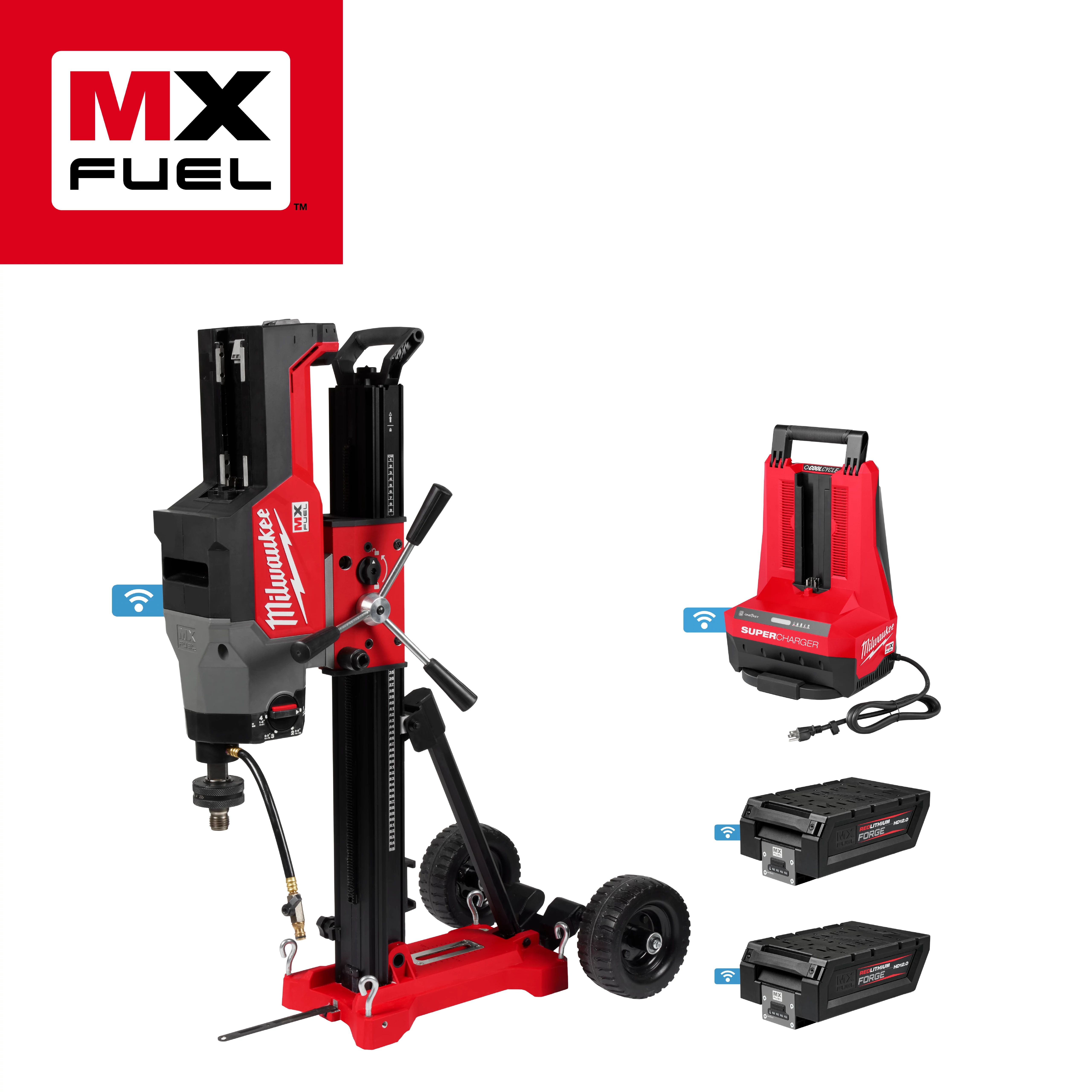 MX Fuel logo with Milwaukee MX Fuel cordless equipment including a core drill, super charger, and battery packs