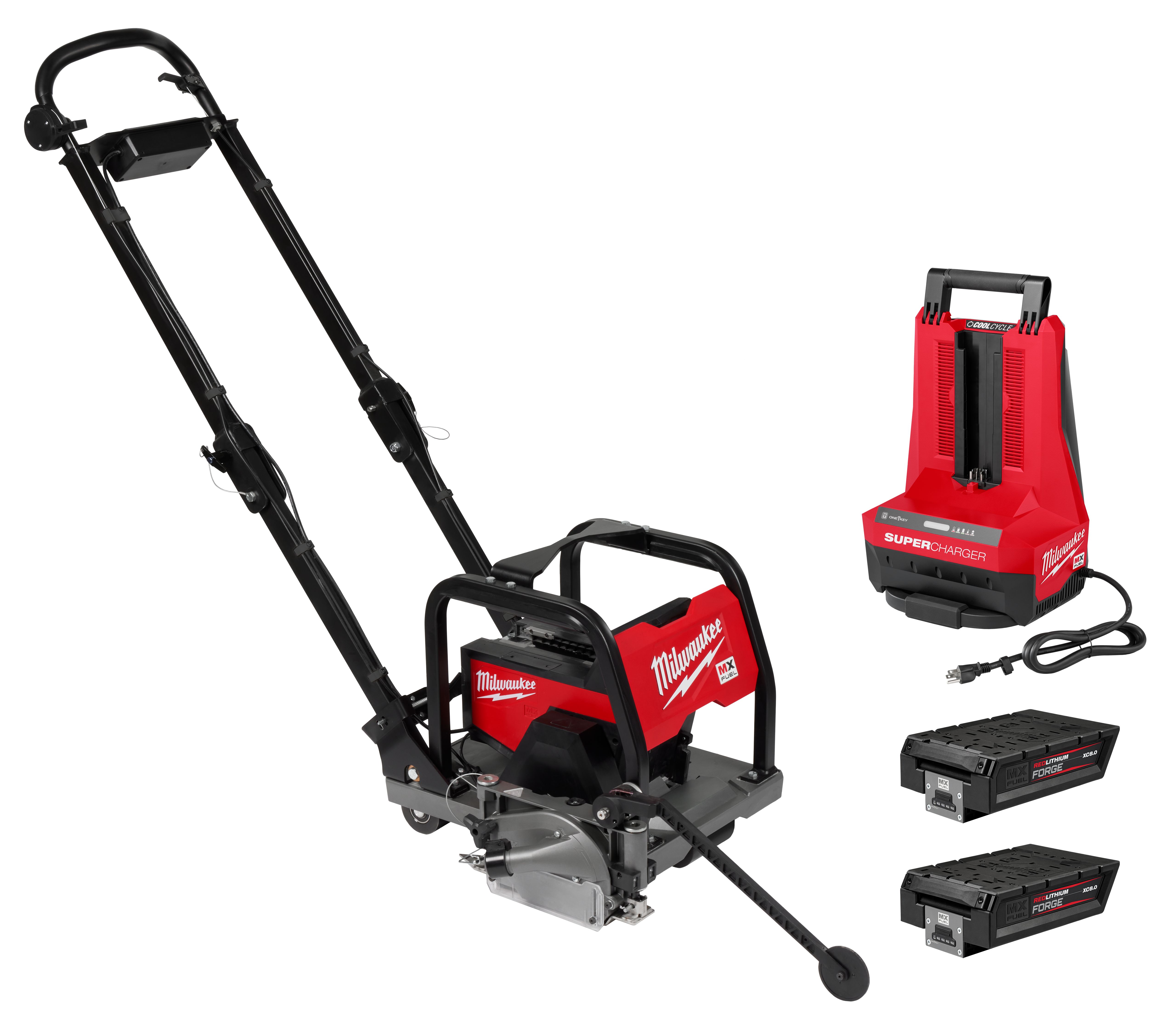 Milwaukee MX Fuel cordless power tool system including a walk-behind sod cutter, super charger, and two 8.0 Ah RedLithium Forge batteries