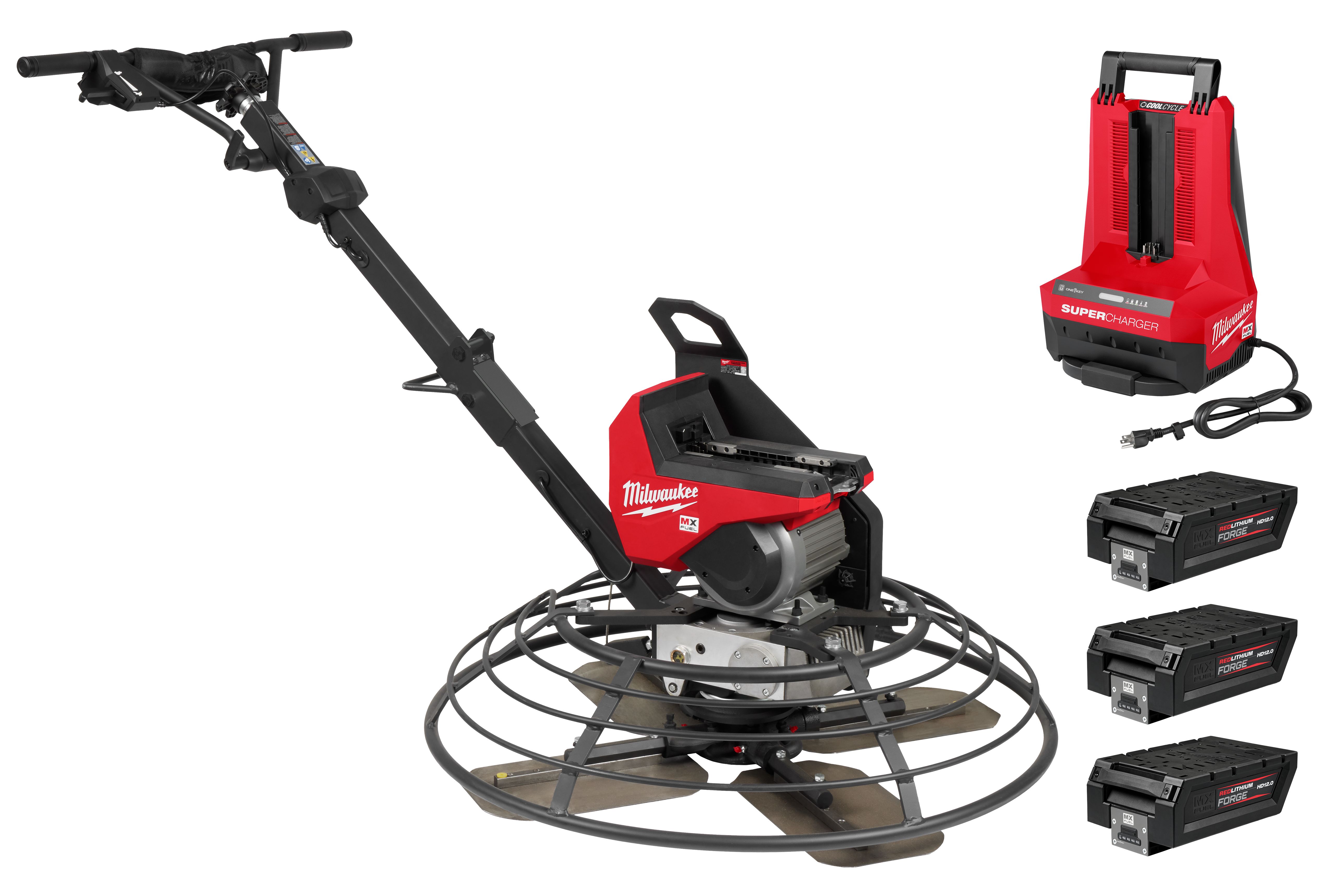 Milwaukee cordless power trowel with MX Fuel battery charger and three MX Fuel batteries