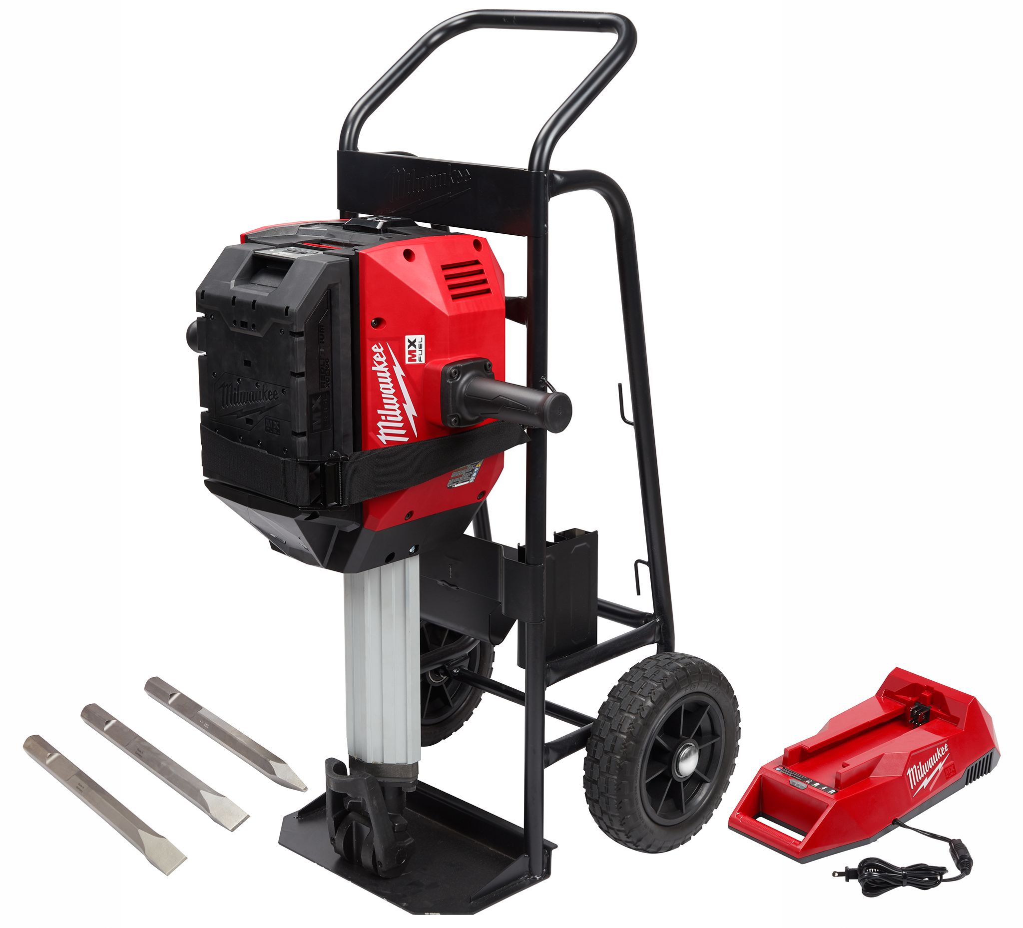 Milwaukee MX FUEL powered demolition tool on wheeled cart with four chisel attachments and a battery charger with power cord